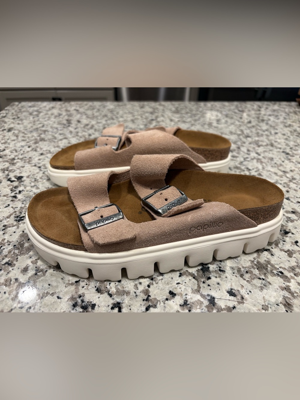 Papillio by Birkenstock Arizona Chunky Suede Platform Slides Sand size 37 Narrow - Picture 8 of 11